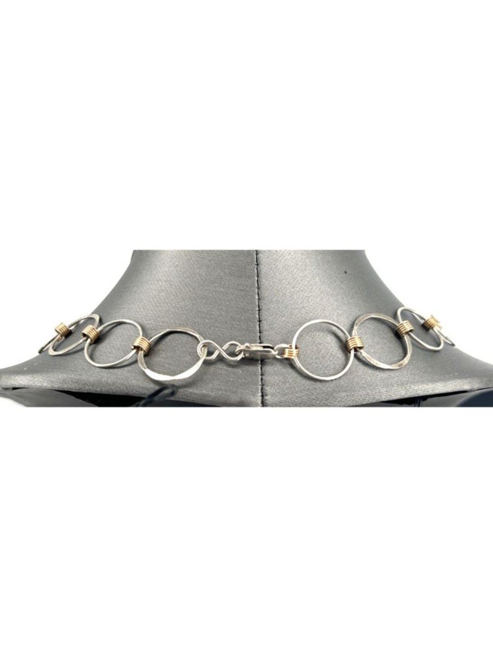 Sterling Silver 925 Gold Coil Hammered Circle Link Necklace 16" Vintage 15 Grams - Picture 2 of 7
